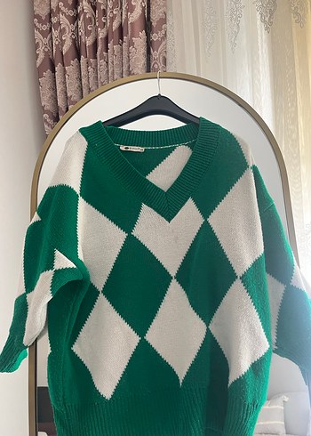 V Yaka Salaş Yeşil Ekose Kadın Kazak - Görsel 9