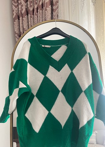 V Yaka Salaş Yeşil Ekose Kadın Kazak - Görsel 7