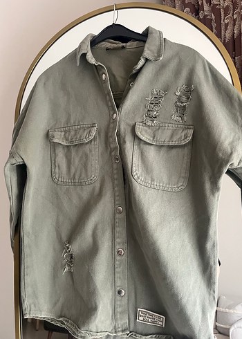 Gri Nakışlı Denim Uzun Kollu Gömlek - Görsel 7