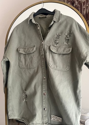 Gri Nakışlı Denim Uzun Kollu Gömlek - Görsel 8