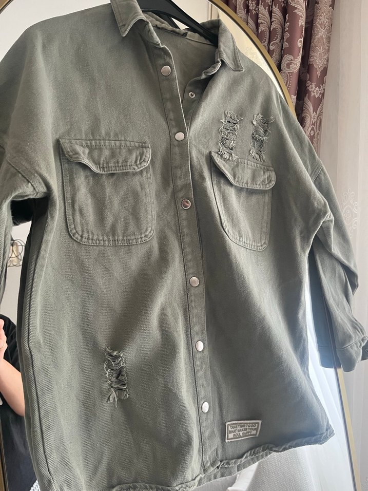 Gri Nakışlı Denim Uzun Kollu Gömlek - Görsel 5