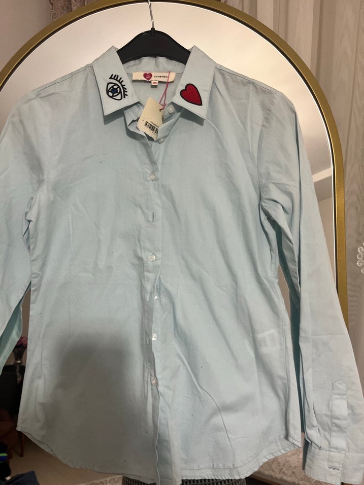 Mavi Baskılı Pamuklu Kadın Gömlek - Görsel 5