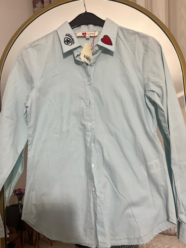 Mavi Baskılı Pamuklu Kadın Gömlek - Görsel 3