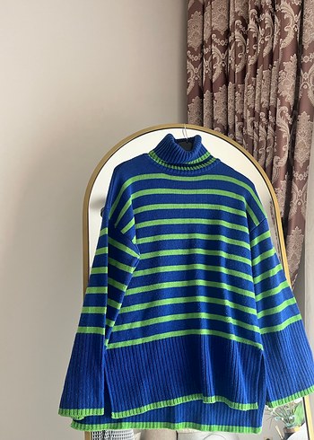 Mavi Çizgili Bohem Kadın Balıkçı Yaka Kazak - Görsel 3