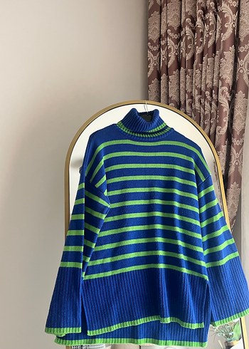 Mavi Çizgili Bohem Kadın Balıkçı Yaka Kazak - Görsel 4