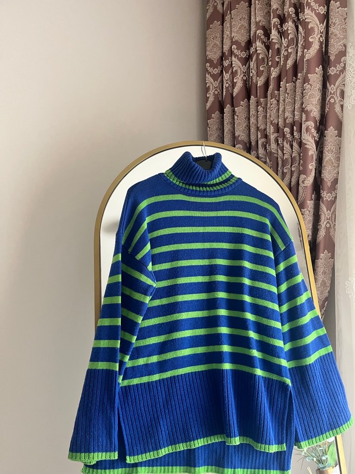 Mavi Çizgili Bohem Kadın Balıkçı Yaka Kazak - Görsel 5