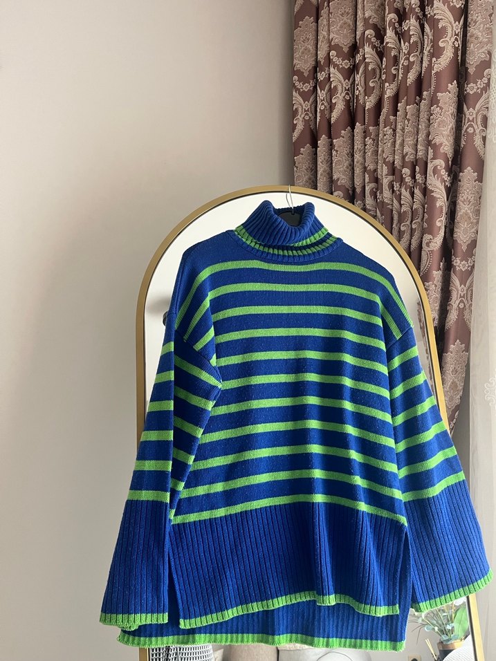 Mavi Çizgili Bohem Kadın Balıkçı Yaka Kazak - Görsel 3