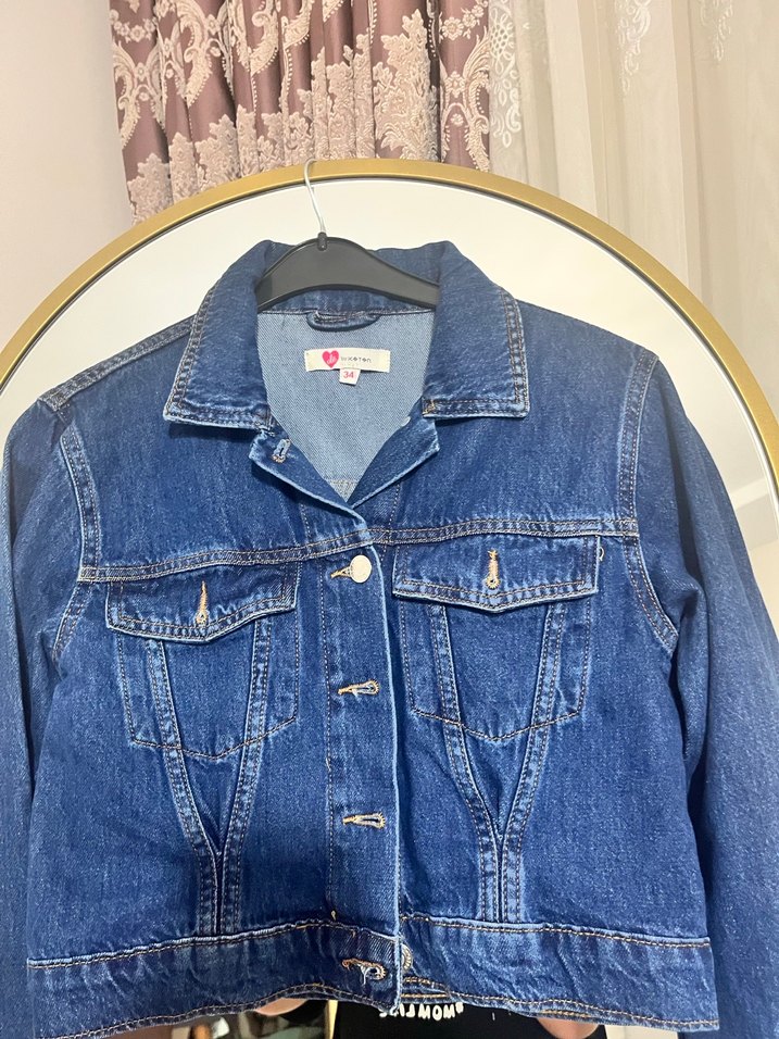 Kadın Lacivert Denim Ceket, Normal Boy, Düğmeli - Görsel 3