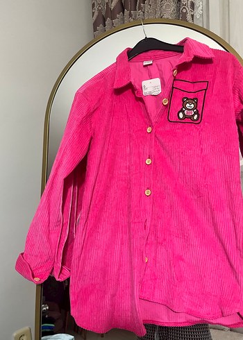 Düğmeli Pembe Kadife Kadın Gömlek - Görsel 5