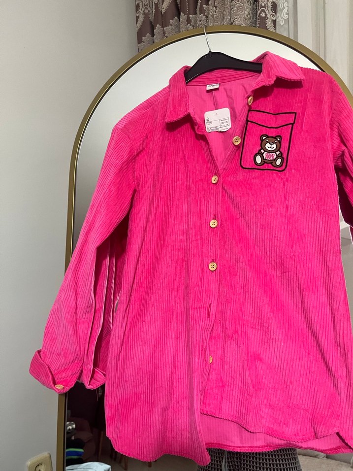 Düğmeli Pembe Kadife Kadın Gömlek - Görsel 5