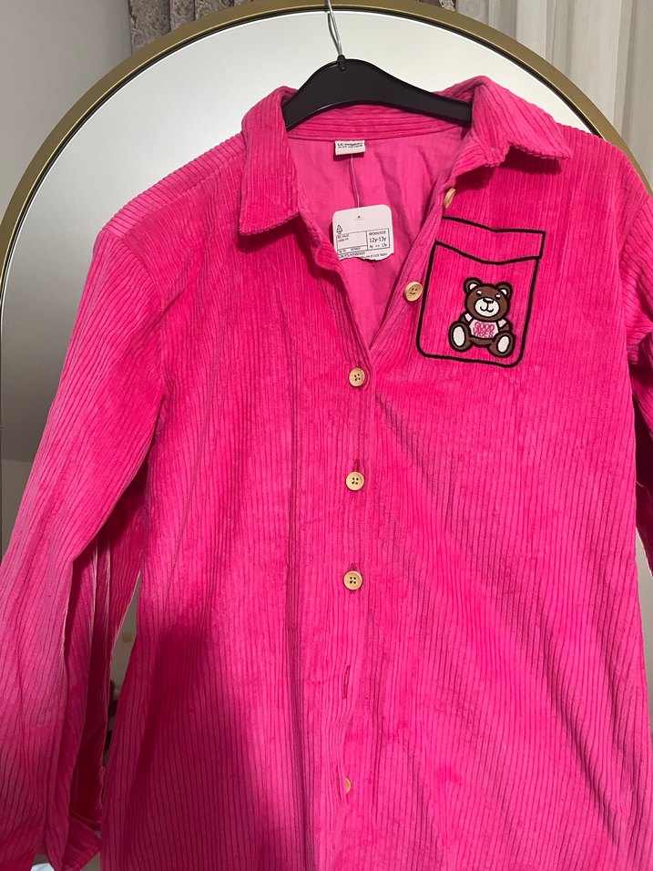 Düğmeli Pembe Kadife Kadın Gömlek - Görsel 3