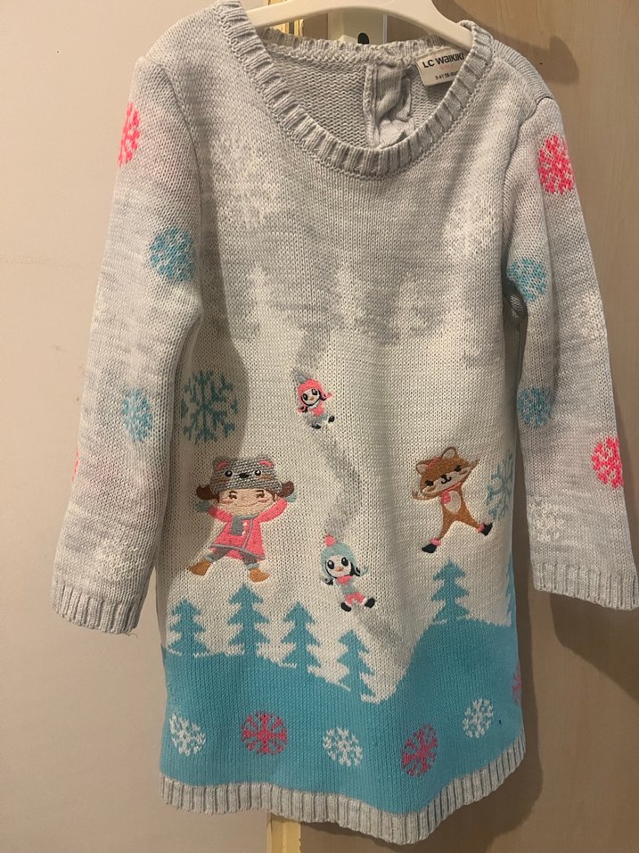 Kız Çocuk Gri Baskılı Triko Kazak - Görsel 3