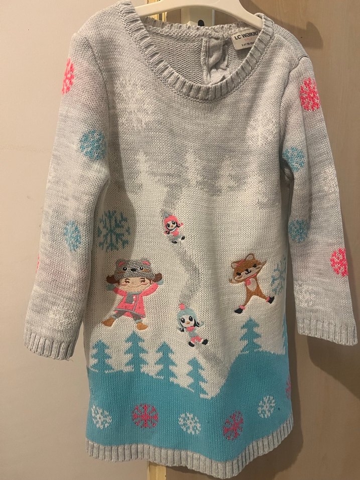 Kız Çocuk Gri Baskılı Triko Kazak - Görsel 4