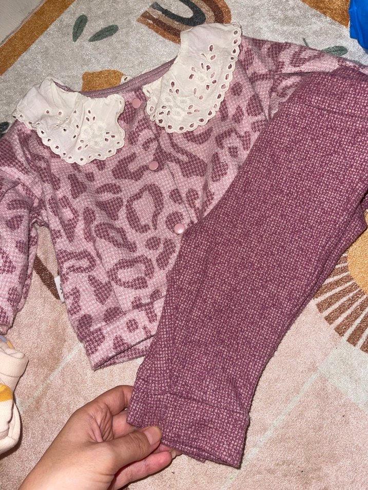 Pudra  Dantel Yaka Uzun Kollu Bebek Kız Takımı - Görsel 2