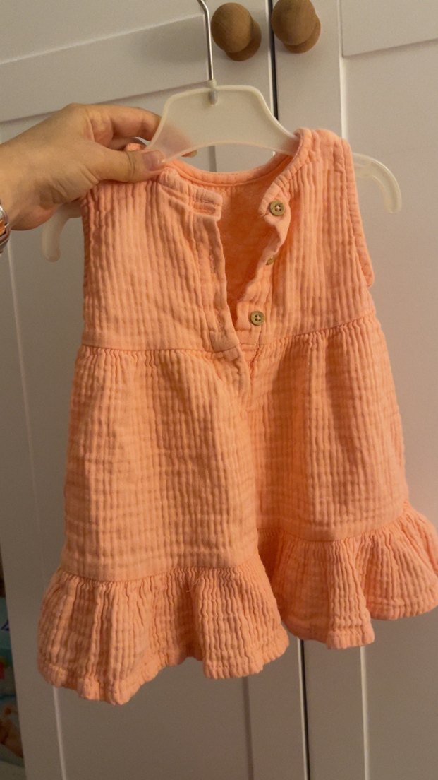 Kız Çocuk Turuncu Keten Fırfırlı Elbise - Görsel 2