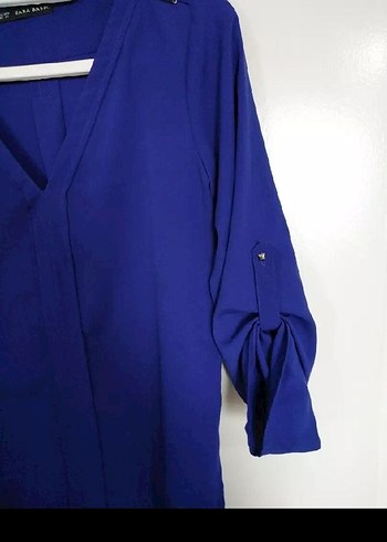 Zara uzun Kollu Mavi V Yakalı Salaş Bluz - Görsel 3