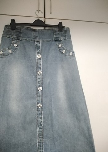 Düğmeli Mavi Midi Denim Etek - Görsel 2