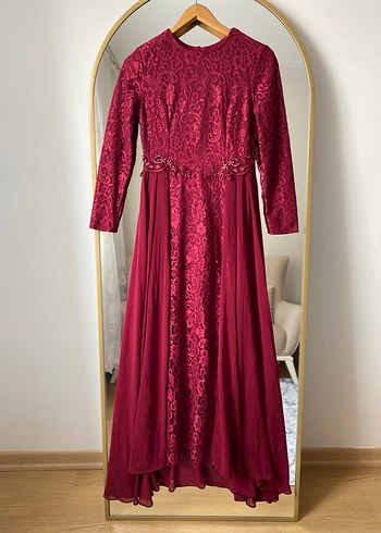 Bordo Uzun Kollu Nakışlı Abiye Elbise - Görsel 3