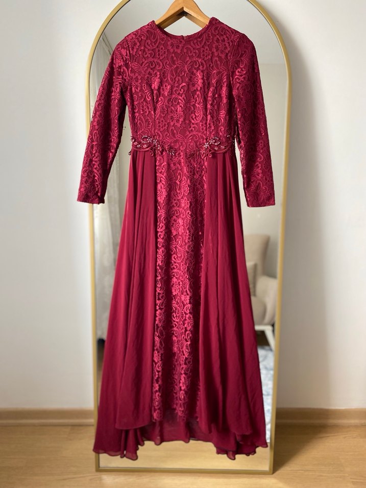 Bordo Uzun Kollu Nakışlı Abiye Elbise - Görsel 2