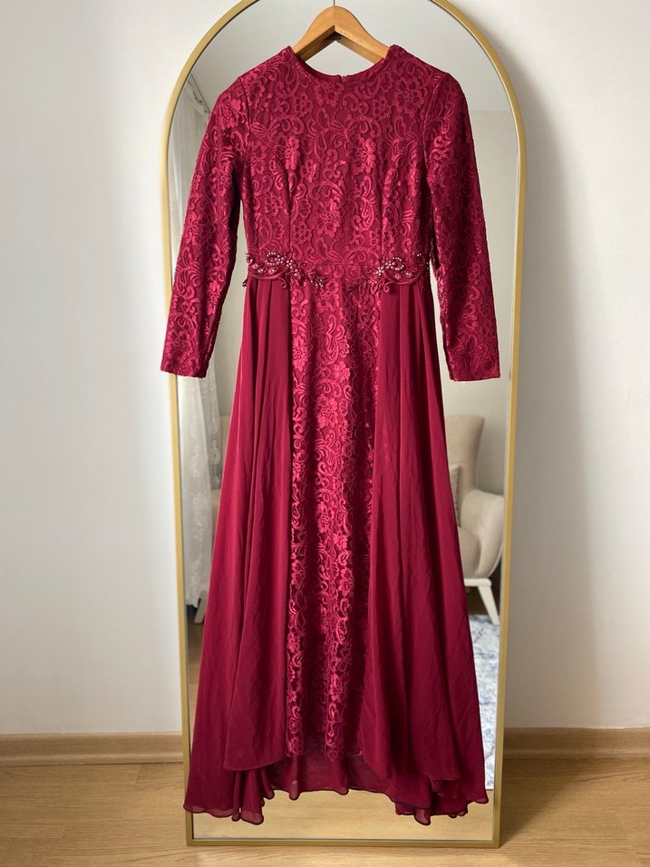 Bordo Uzun Kollu Nakışlı Abiye Elbise - Görsel 3