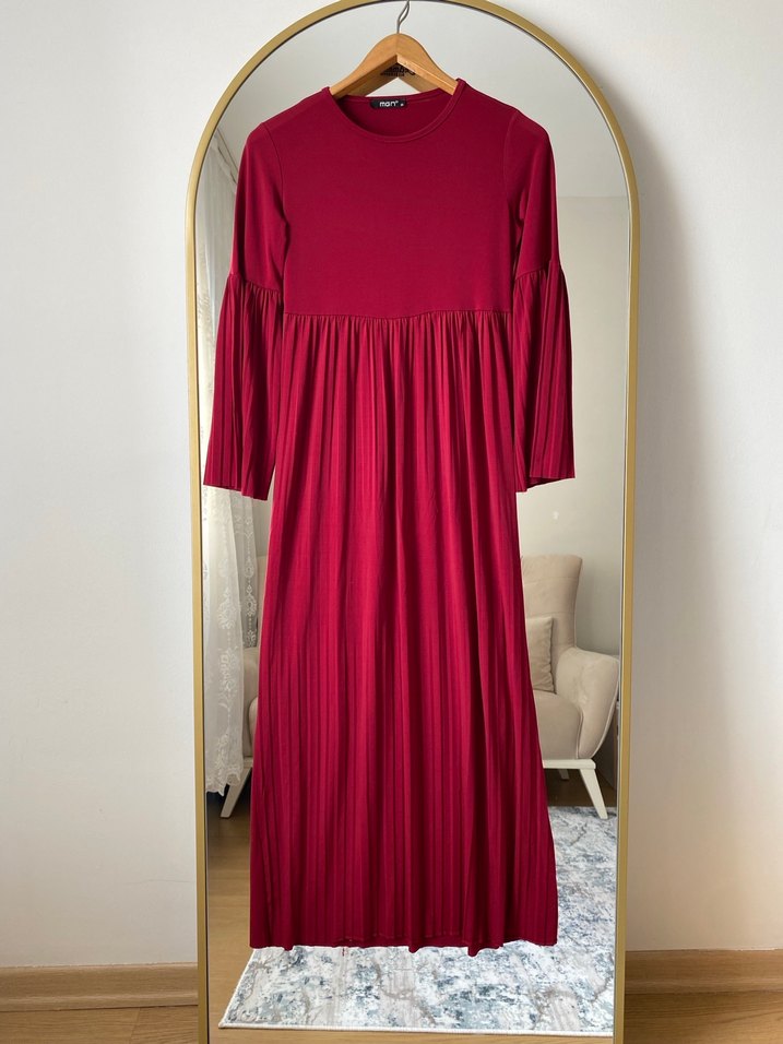 Bordo Piliseli Uzun Kadın Elbise - Görsel 2