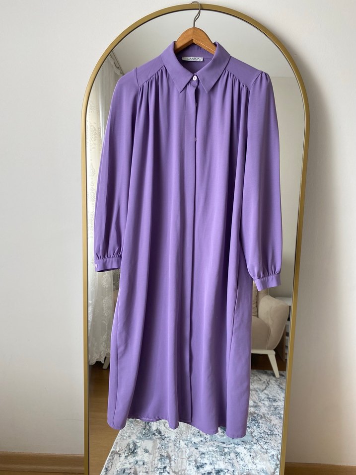 Uzun Mor Kadın Tunik Yakalı Drapeli - Görsel 2