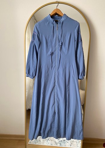 Mavi Uzun Keten Feraceli  Fermuarlı - Görsel 2