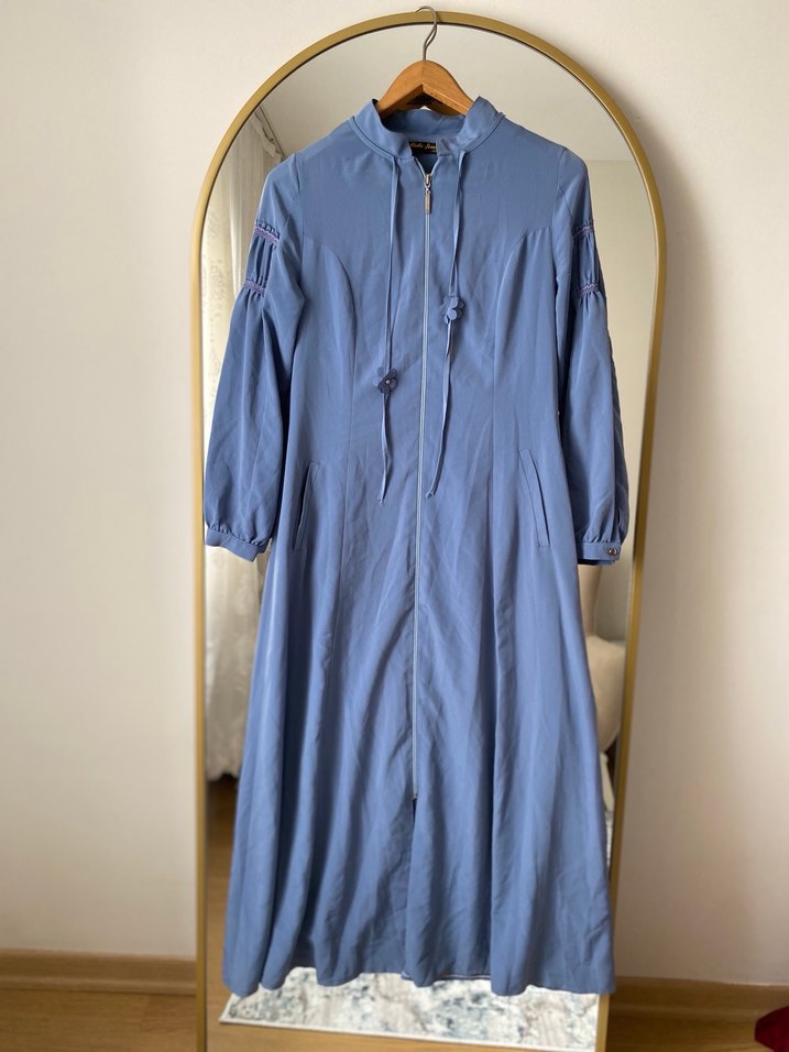 Mavi Uzun Keten Feraceli  Fermuarlı - Görsel 2