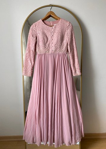 Dantel Detaylı Pembe Uzun Kadın Elbise - Görsel 2