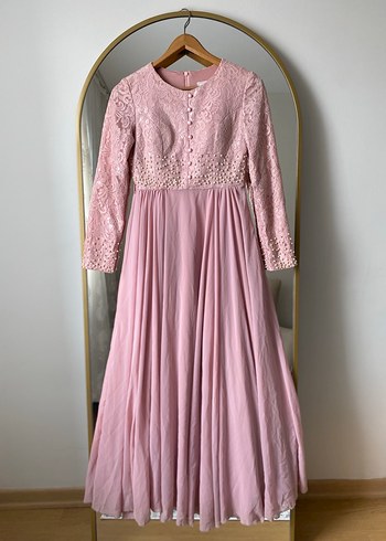 Dantel Detaylı Pembe Uzun Kadın Elbise - Görsel 3