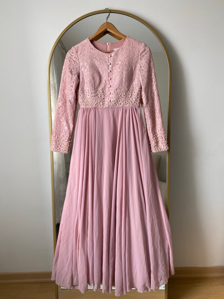 Dantel Detaylı Pembe Uzun Kadın Elbise - Görsel 2