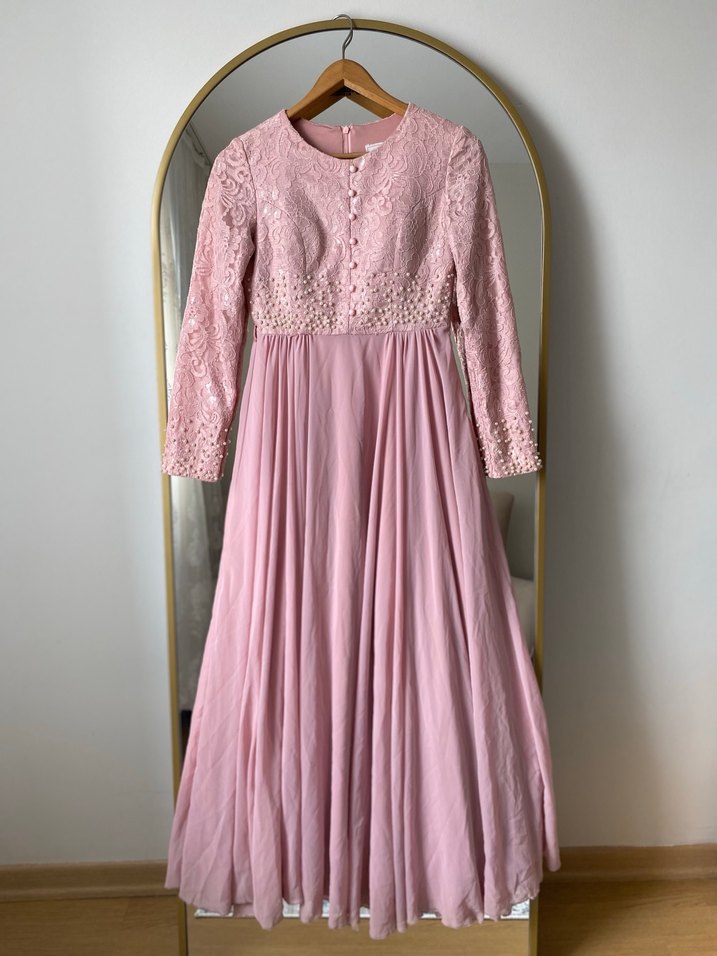Dantel Detaylı Pembe Uzun Kadın Elbise - Görsel 3