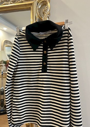 Düğmeli Siyah Beyaz Çizgili Kadın Kazak - Görsel 2