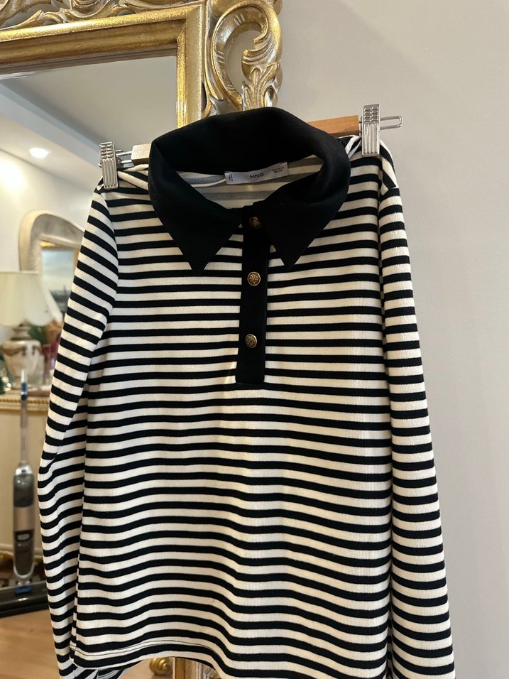 Düğmeli Siyah Beyaz Çizgili Kadın Kazak - Görsel 2