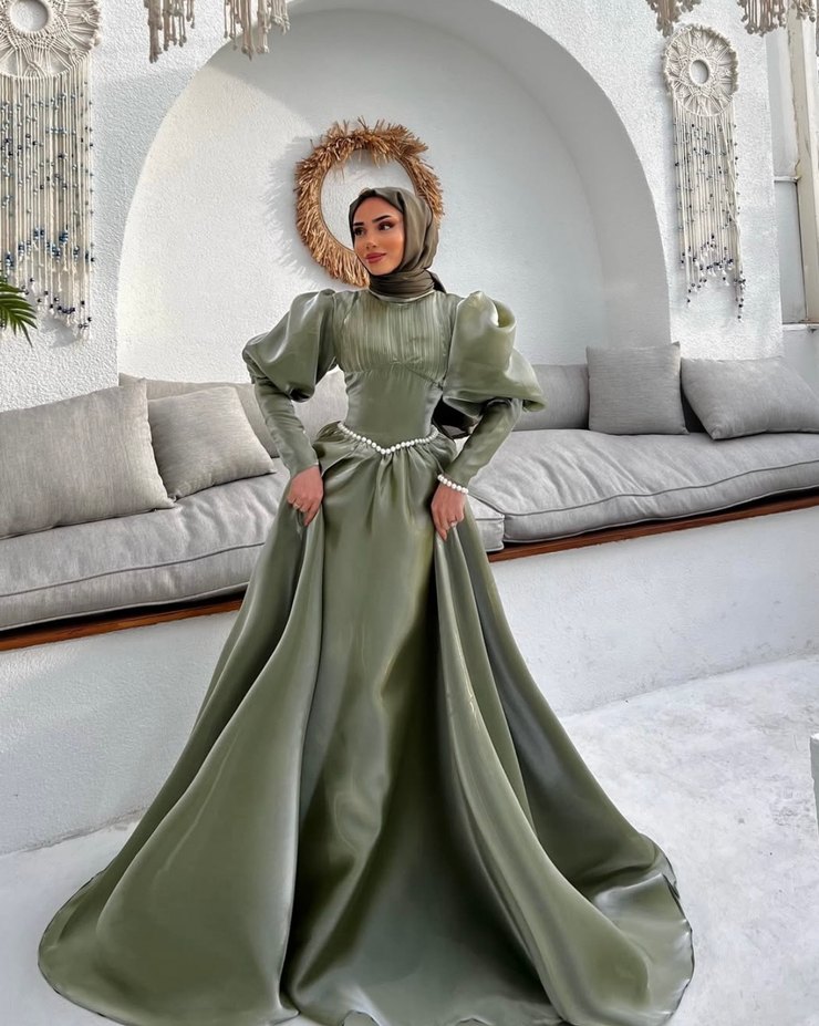 Uzun Drapeli Khaki Kadın Abiye Elbise - Görsel 3