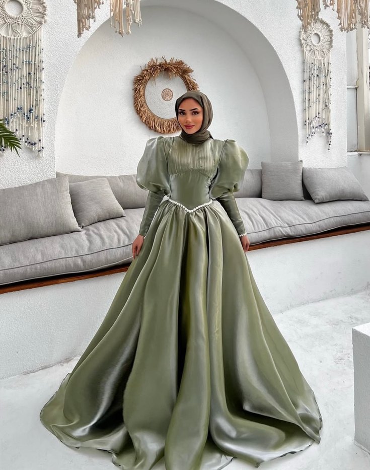 Uzun Drapeli Khaki Kadın Abiye Elbise - Görsel 4