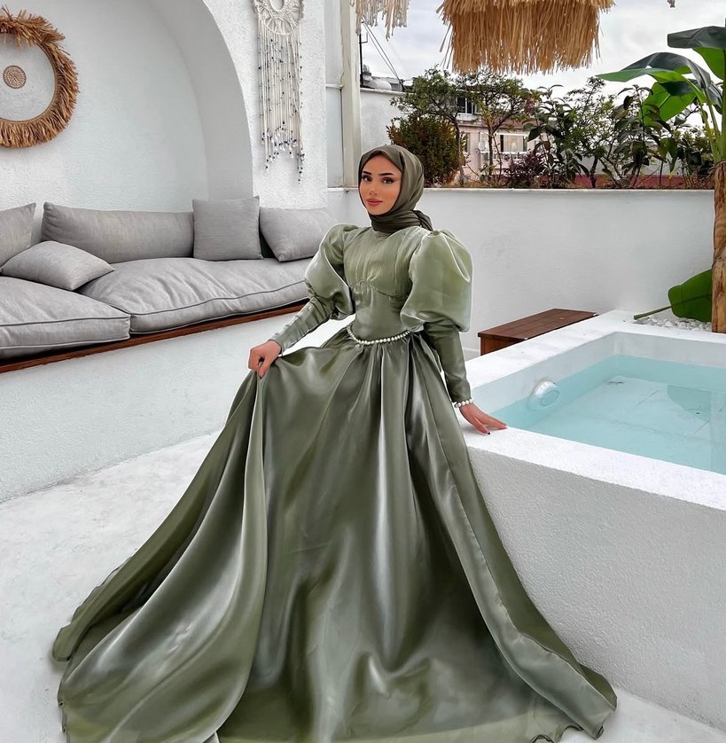 Uzun Drapeli Khaki Kadın Abiye Elbise - Görsel 2