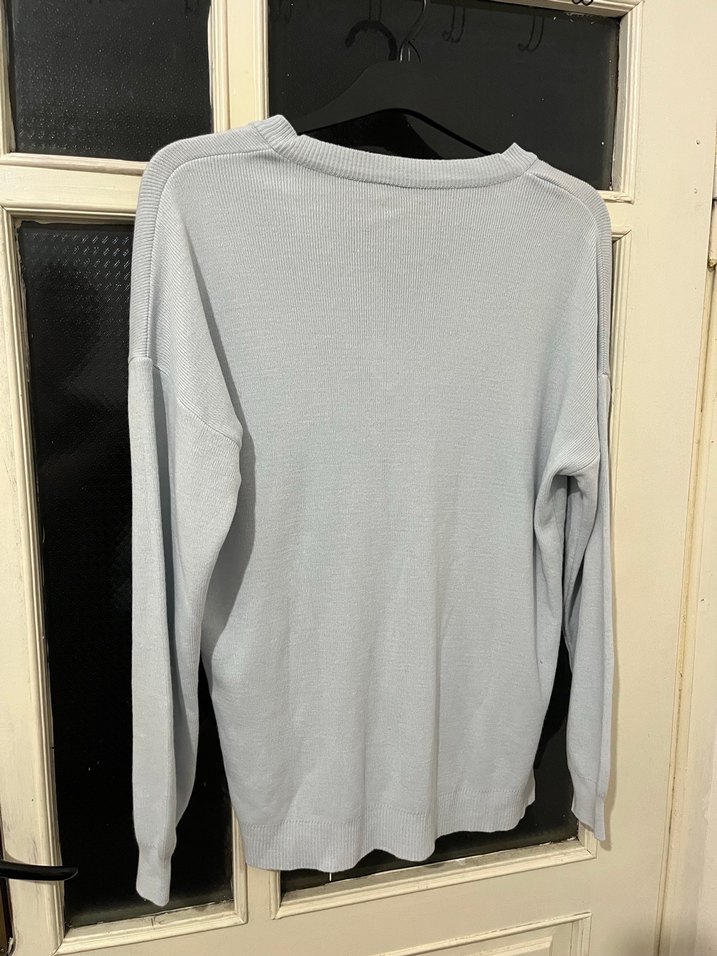 Mavi V Yaka Kadın Pamuklu Kazak - Görsel 3