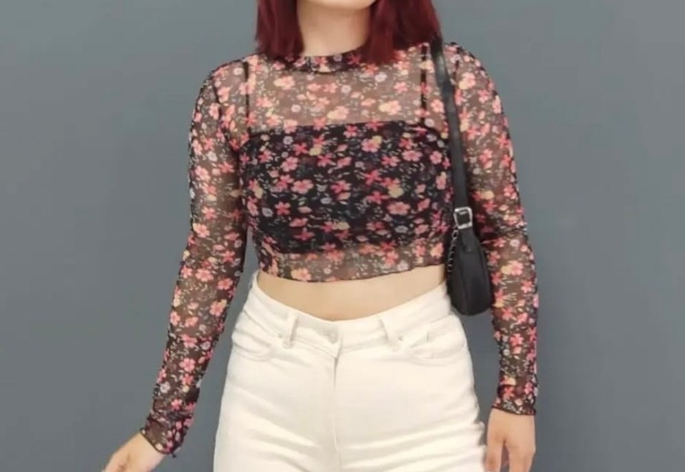 Transparan Çiçekli Mini Bluz - Görsel 3