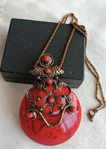Diğer Uzun Zincirli Kırmızı Vintage Bohem Kolye