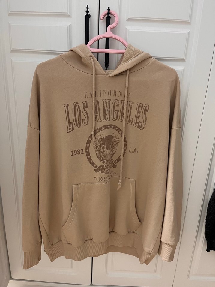 Bej Baskılı Kadın Sweatshirt Kapüşonlu - Görsel 3