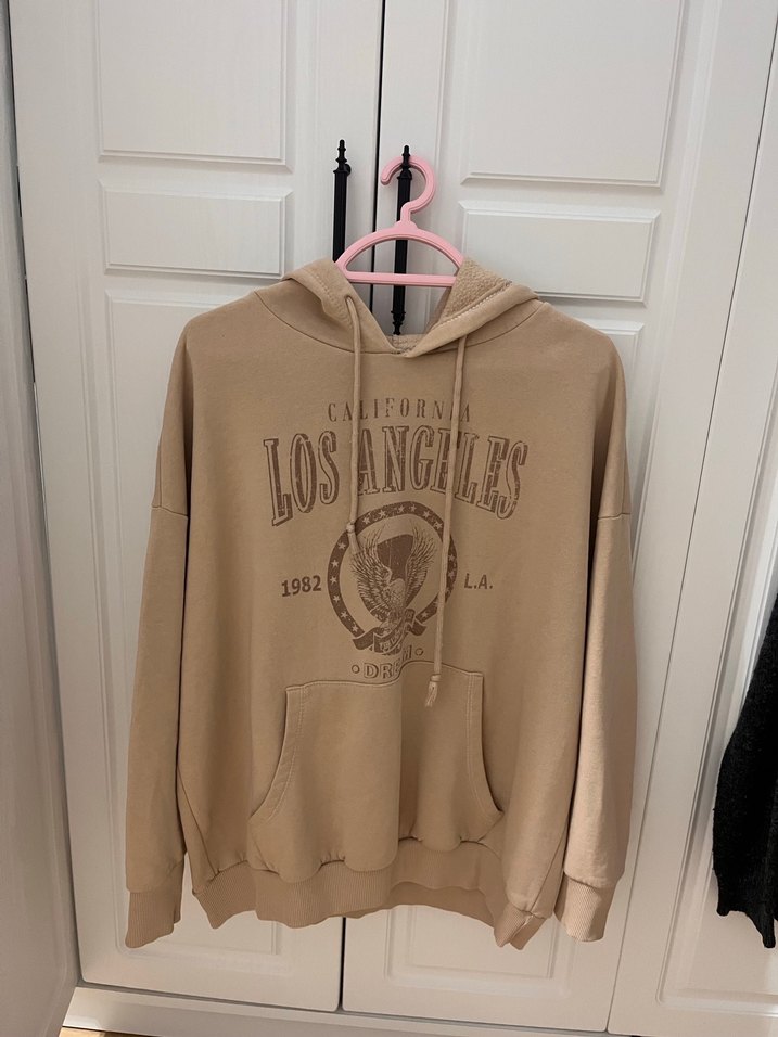 Bej Baskılı Kadın Sweatshirt Kapüşonlu - Görsel 2