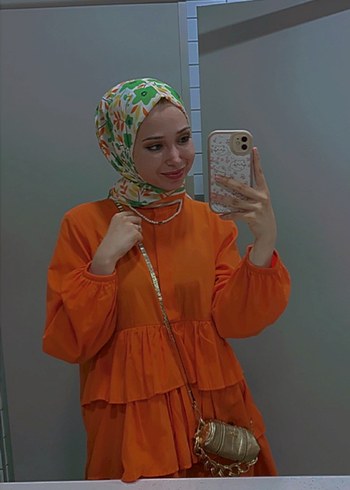 38 Beden Uzun Kollu Turuncu Etnik Volanlı Midi Tunik