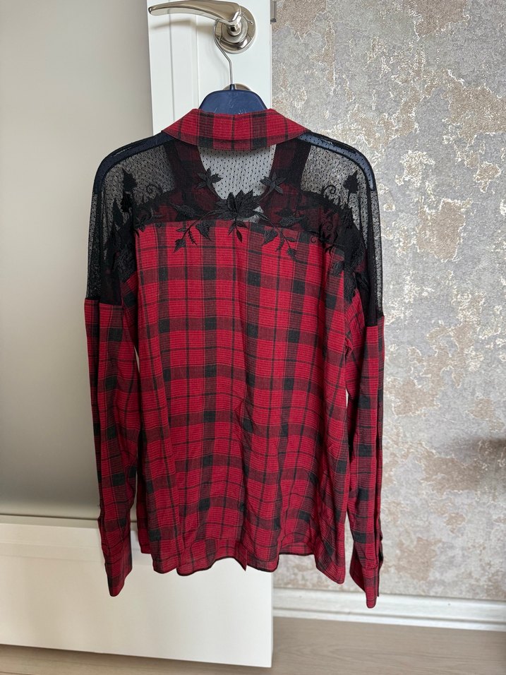 Düğmeli Kırmızı Ekose Uzun Kollu Gömlek - Görsel 2