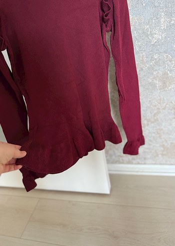 Bordo Fırfırlı Kadın Triko Kazak - Görsel 6