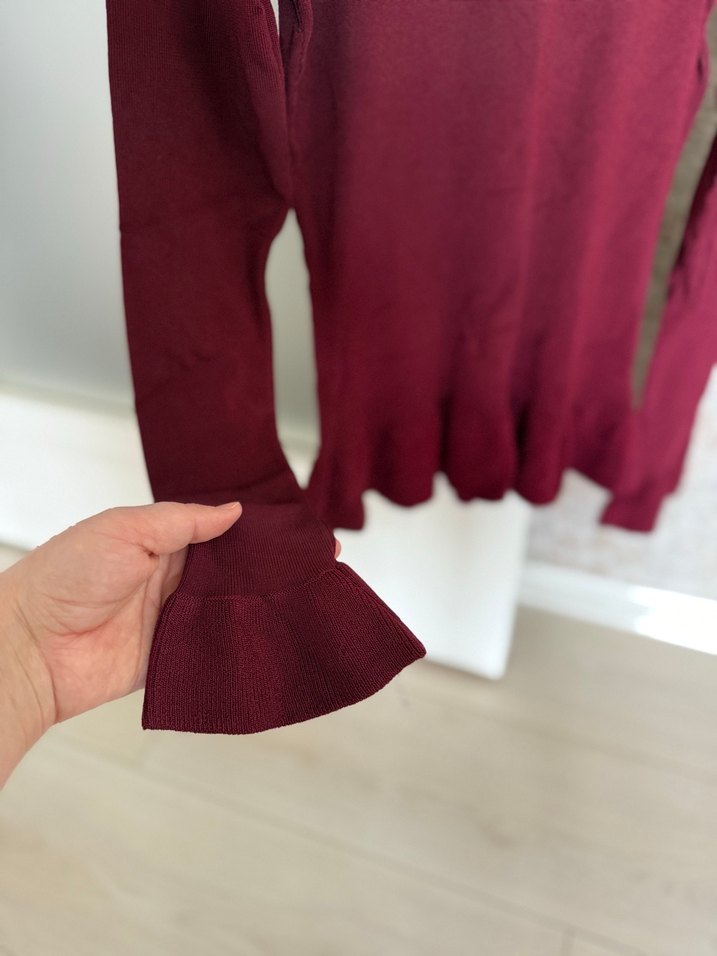 Bordo Fırfırlı Kadın Triko Kazak - Görsel 5