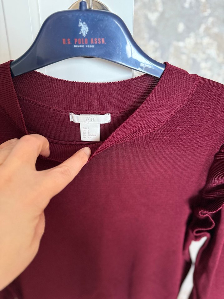 Bordo Fırfırlı Kadın Triko Kazak - Görsel 3