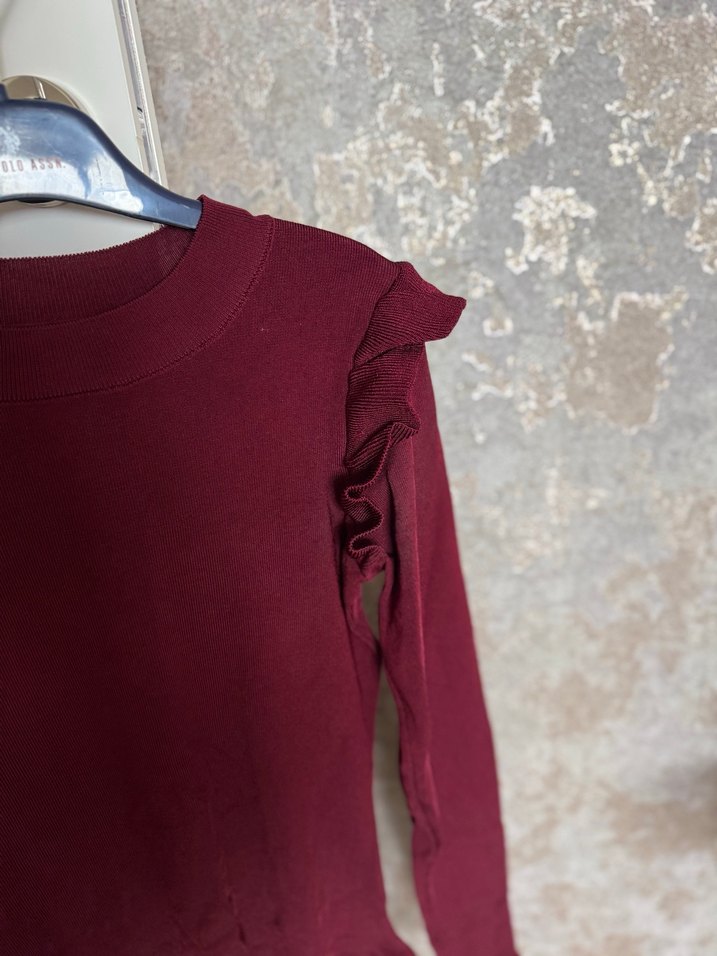 Bordo Fırfırlı Kadın Triko Kazak - Görsel 4