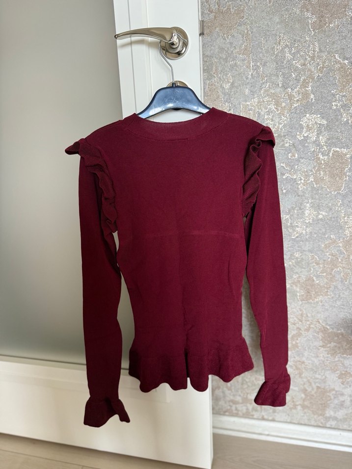 Bordo Fırfırlı Kadın Triko Kazak - Görsel 2