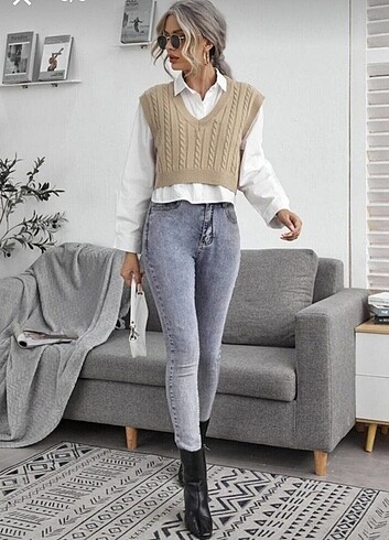 diğer Beden Camel saç örgü crop süveter